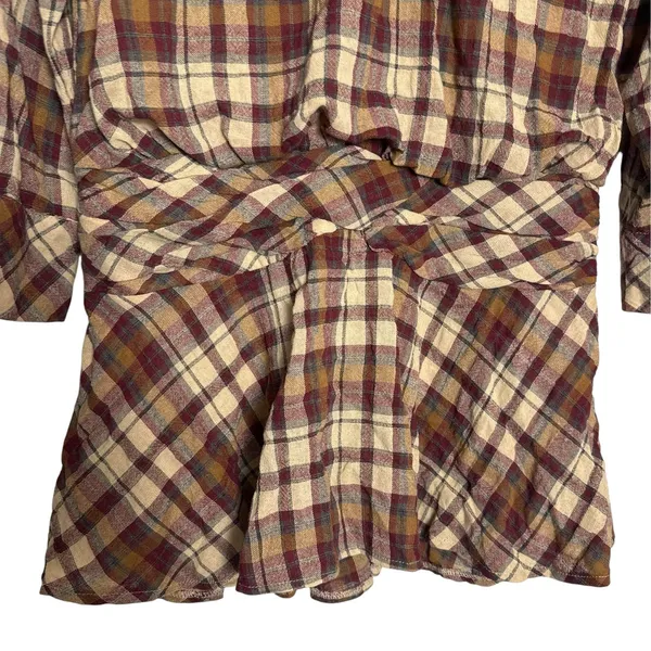 Zara Ecru Maroon Plaid Long Sleeve Ruched Flounce Flare Blogger Mini Dress Small - Image 5