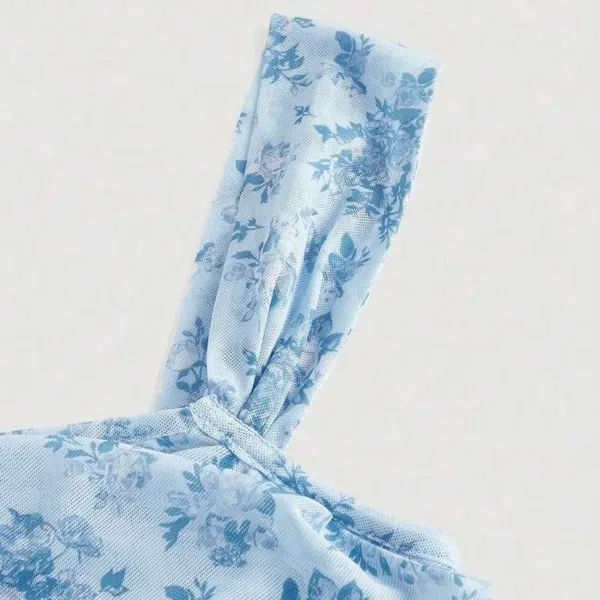 SHEIN Floral Print Ruched Wide Strap Top, Blue, Size M, NWOT - Image 4