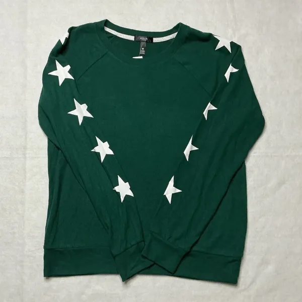 AQUA Lounge Womens Green Star Print Pajama Set Long Sleeve Top Joggers Size M - Image 5