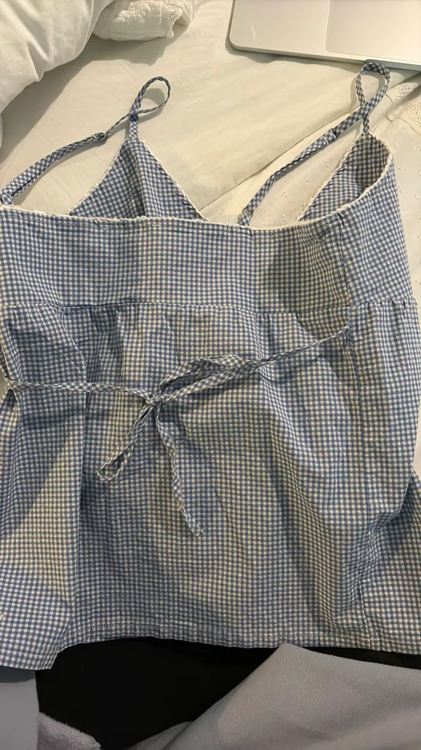 Brandy Melville Top Gingham Blue White Tie Back - Image 3
