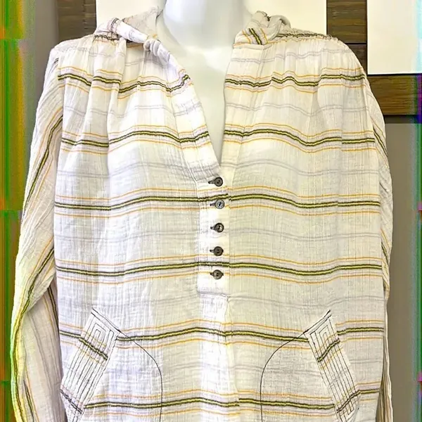 FREE PEOPLE-Rolling Clouds 100% Cotton Hoodie Pocketed White Stripe Blouse-Small - Image 2