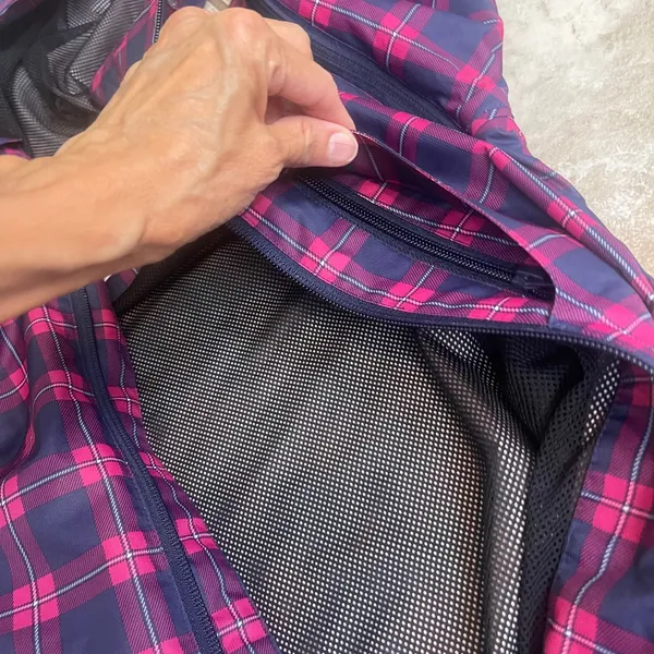 Burton Womens Plaid Hooded Rain Jacket Pink Navy Blue Mesh Lined Pit Zips Sz SM - Image 8