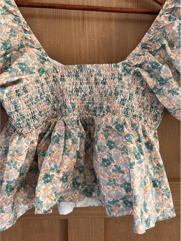English Factory Women's Floral Puff Sleeve Top Teal, Orange & Cream size Large - Image 11