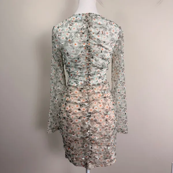 Selfie Leslie First Class Floral Ruched‎ Mesh Cutout Long Sleeve Mini Dress Med. - Image 4