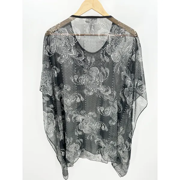 Soft Surroundings Black Cream Sheer Beaded‎ Poncho Swim Cover Up S/M 26733 - Image 2
