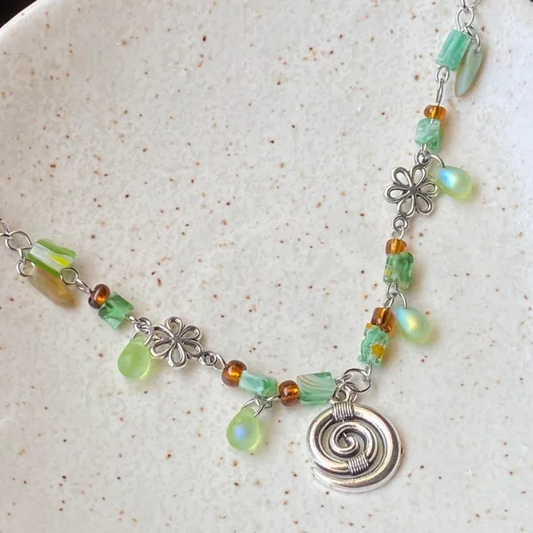 Handmade quality glass beads & flower swirl fairy boho cottage whimsical necklace💐🍃 - Image 5