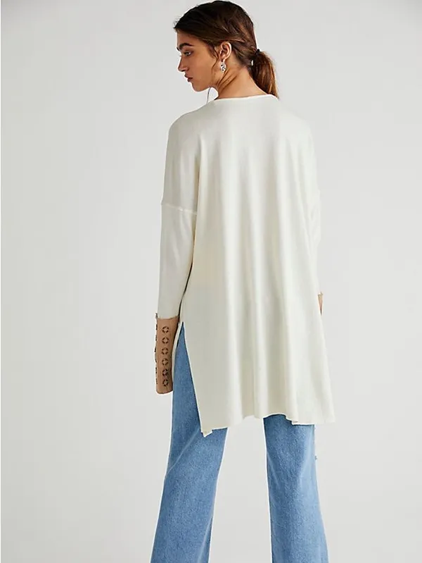 Free People Along For The Ride Tee Ivory Tan Grommet Lace Up Oversized Tunic Top - Image 2