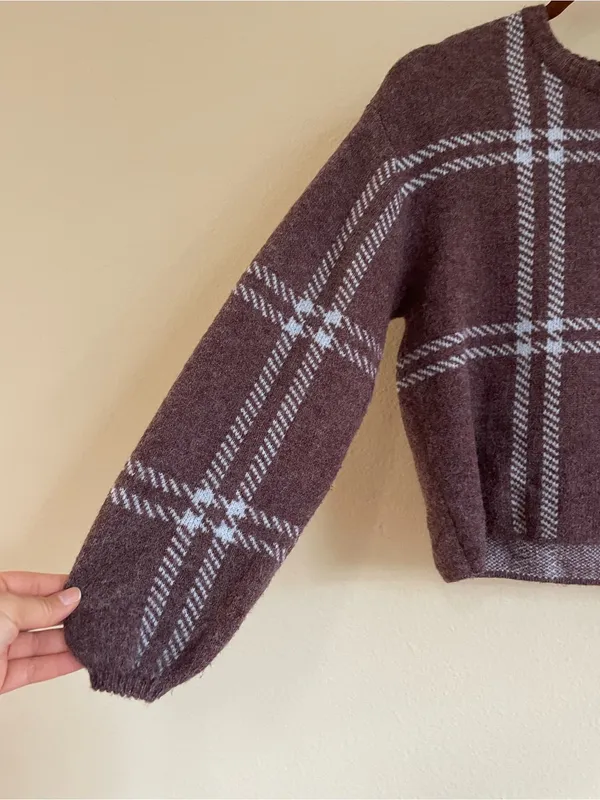 Z Supply Solange Plaid Puff Sleeves Pullover Sweater Size Small - Image 4