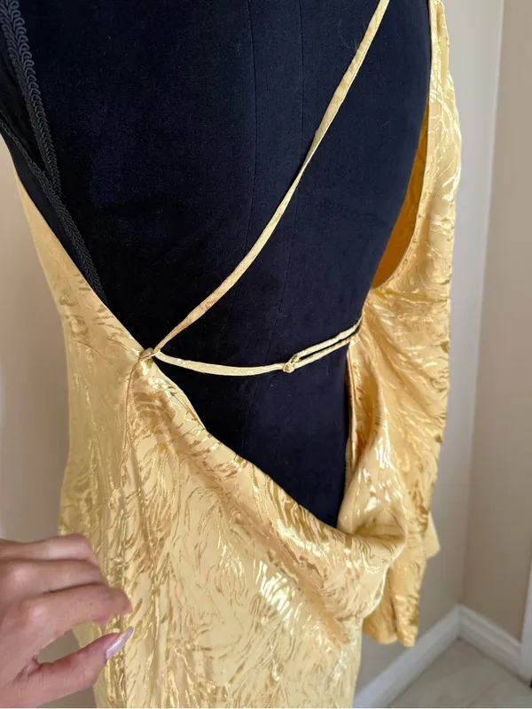 NWT H&M Gold Metallic Jacquard One Shoulder Open Back Maxi Dress M Y2K Glam - Image 6