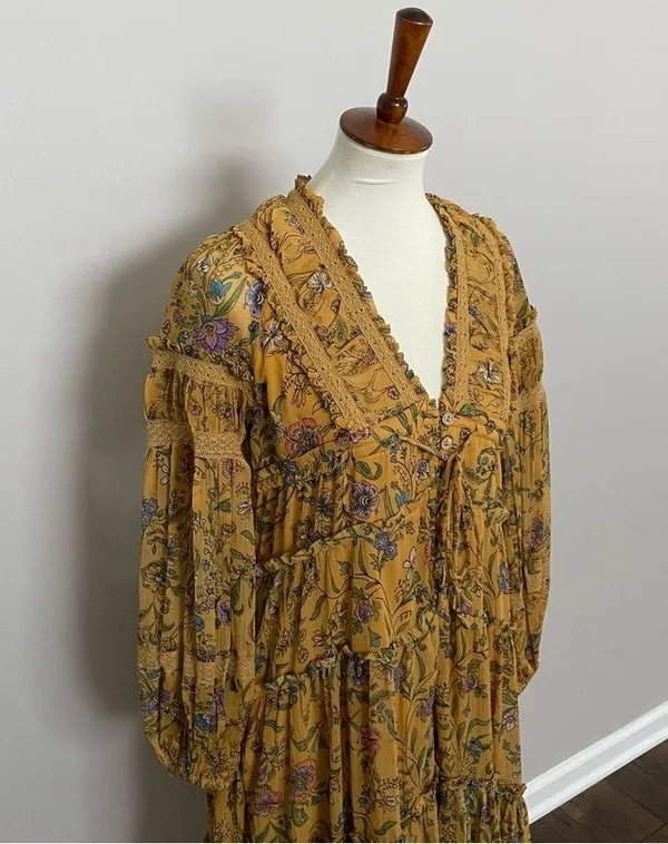 Free People Dress Cassis Midi Maxi Floral Lace Tiered Lined Boho Mustard Yellow - Image 3
