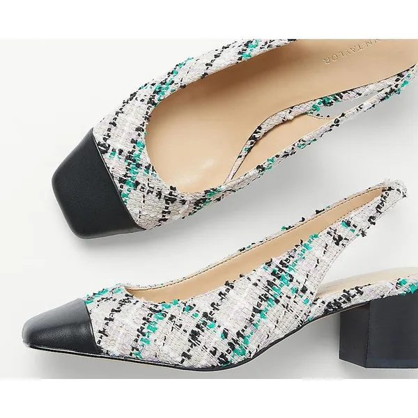 Ann Taylor Sz 7.5 Tweed Cap Toe Block Heel Slingback Pumps Black White Teal - Image 2