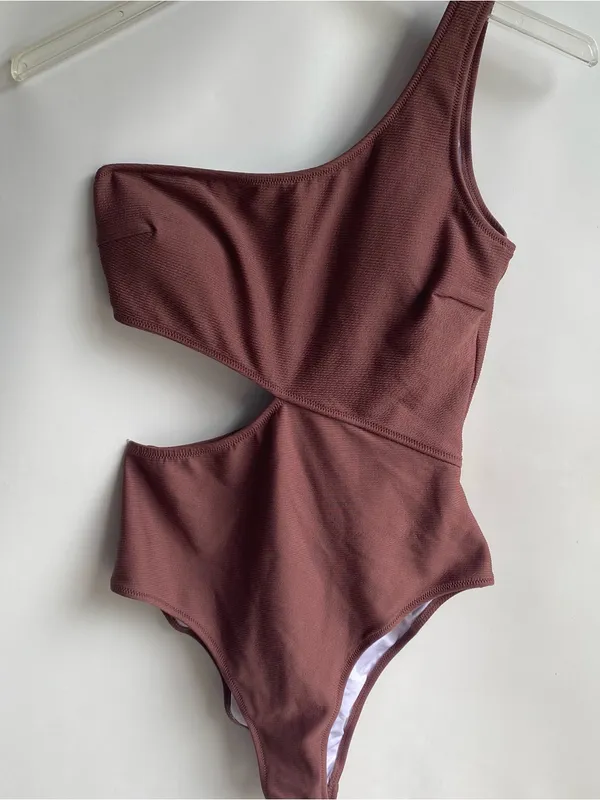 Cupshe cutout one shoulder textured one piece swimsuit mauve-brown Large - Image 2