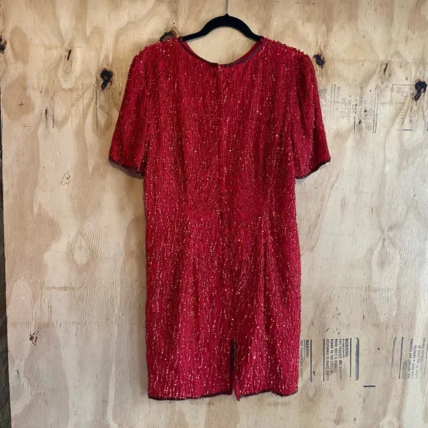 Vintage Stenay 80s Red Silk Beaded Sequined Formal Cocktail Dress Sz L - Image 2