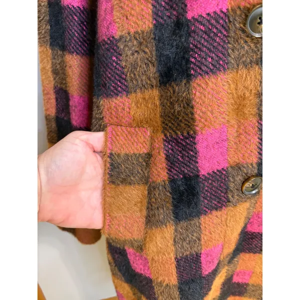 NVLT Pink‎ Brown Buffalo Plaid Double Breasted Fuzzy Longline Coat Coatigan - Image 5