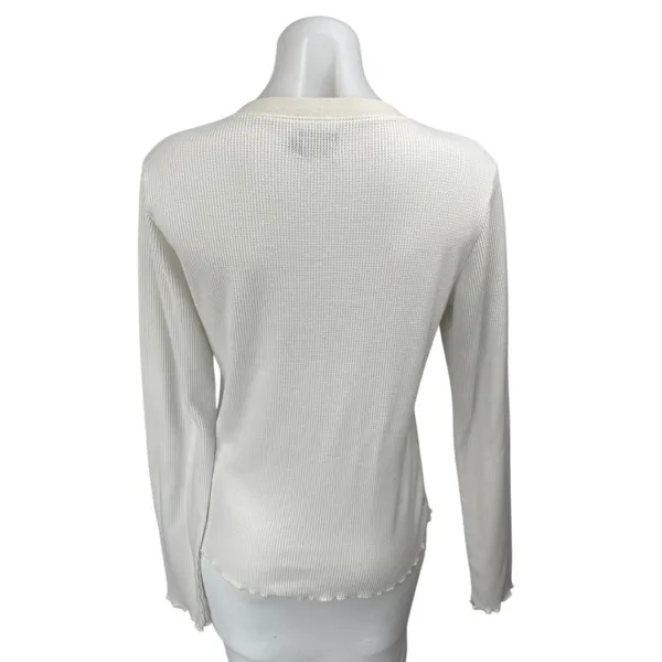WSLY Cream Long Sleeve Waffle Knit Lettuce Henley Thermal Sweater Top Size L - Image 2