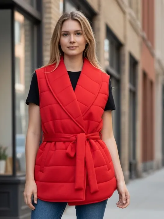 NWT SPANX Women's Red Quilted Sleeveless Tie Waist Belted Vest w/ Pockets XL - Image 2