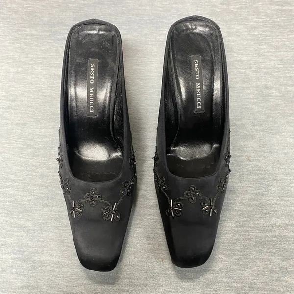 Vintage Sesto Meucci Black Satin‎ Beaded Embellished Mule Heels Sz 7 M Old Money - Image 4