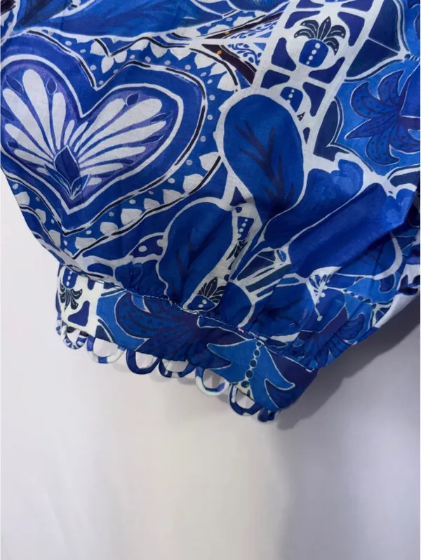 FARM Rio Blue Motif Puff Sleeve Peplum Top XL NWT - Image 6