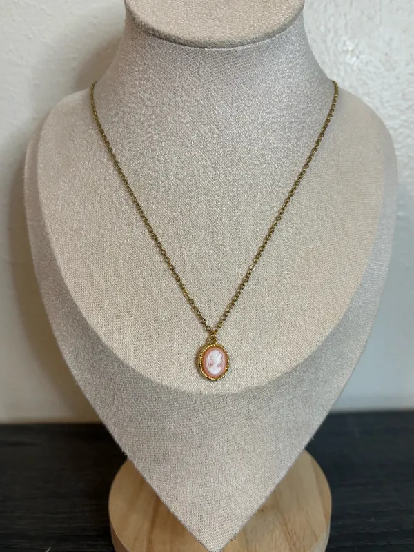 Handmade Gold/Pink Cameo Necklace - Image 2