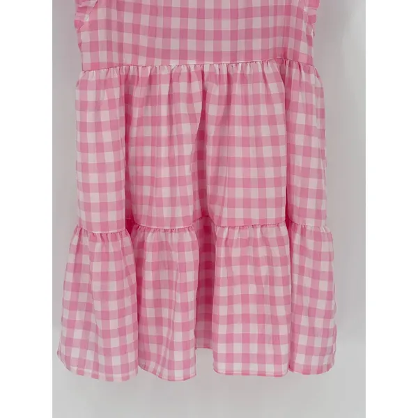 Entro Pink Plaid‎ Checkered Gingham Dress Small Tiered Babydoll Mini Ruffle Neck - Image 9