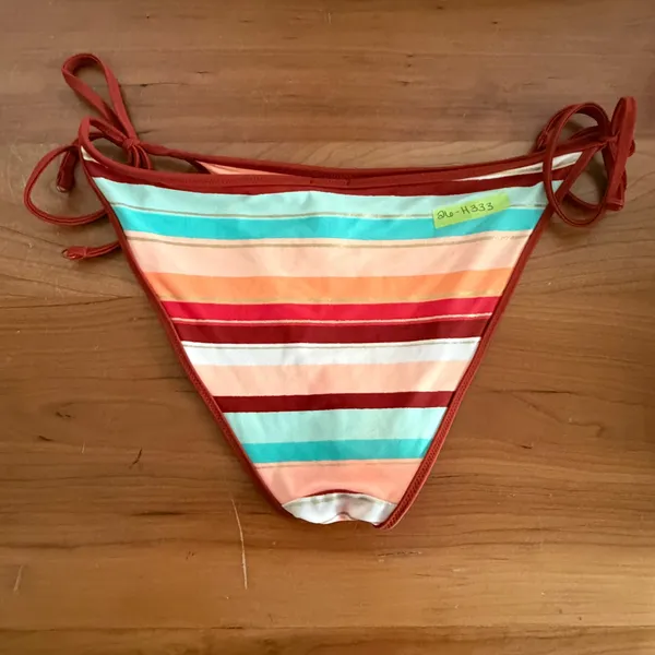 Aerie Bikini Set Rust Orange High Neck Crochet Top M Striped Side Tie Bottoms L - Image 5