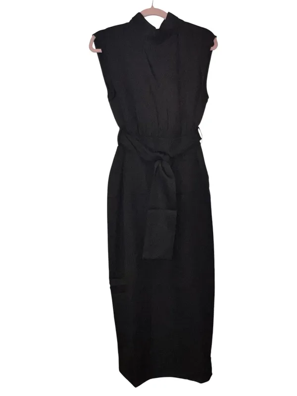 Commense Solid Slit Belted Mock Neck Midi Dress Black Size M NWT Sold Out - Image 3