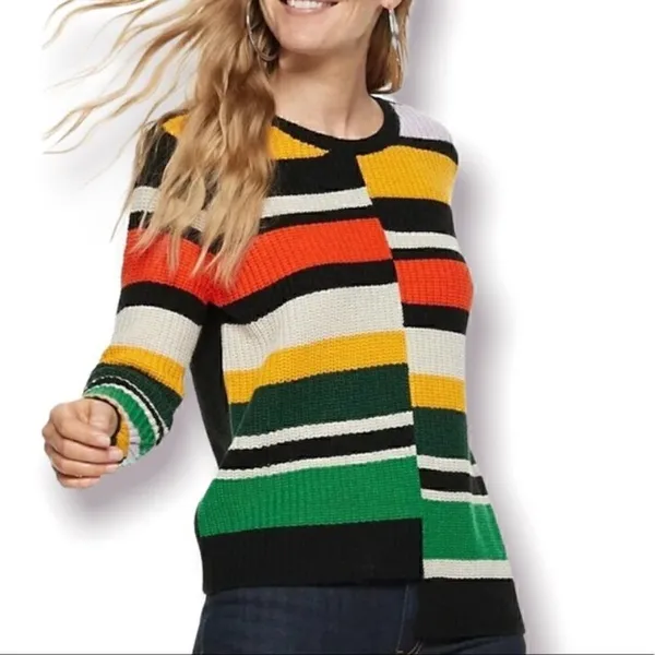 Nine West Color Block Sweater Asymmetrical Hem Retro Black XS - Image 3