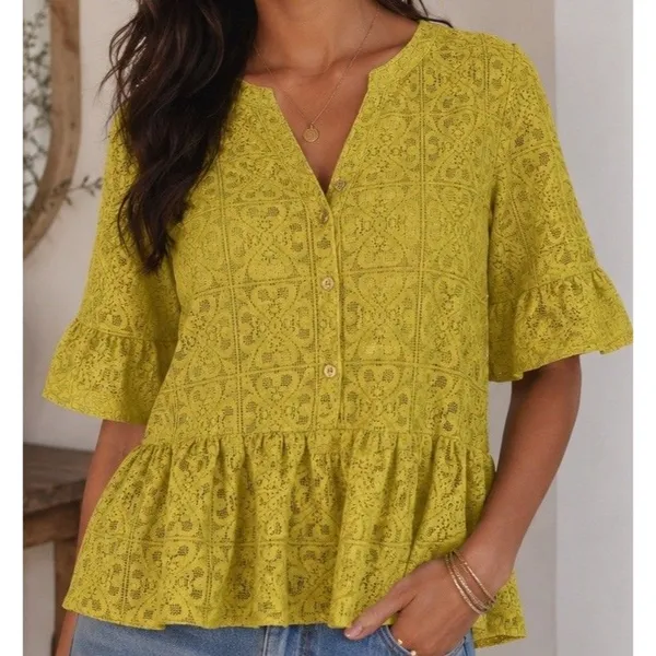 Cupio Blush Lace Peplum Blouse Top Women M Olive Button Front Boho NWT 3/4Sleeve - Image 6