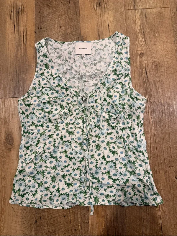 Reformation Green Floral Tie-Front V-Neck Miri Floral Daisy Tank 8 - Image 3