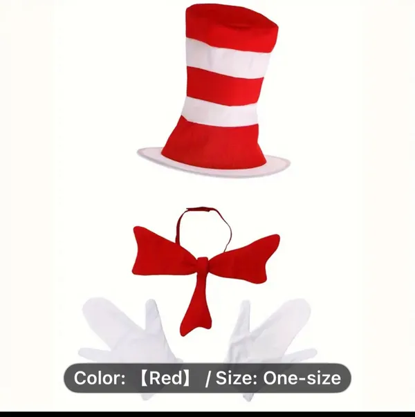 Cat In The Hat Costume Accessory Set Red White Adult Size Hat Gloves Bow tie - Image 2