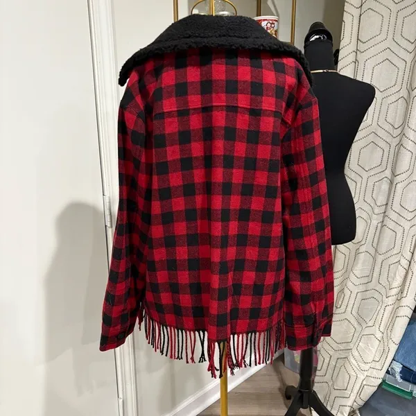 Chaps Red Black Plaid Fringe Jacket Sherpa Collar XL - Image 5
