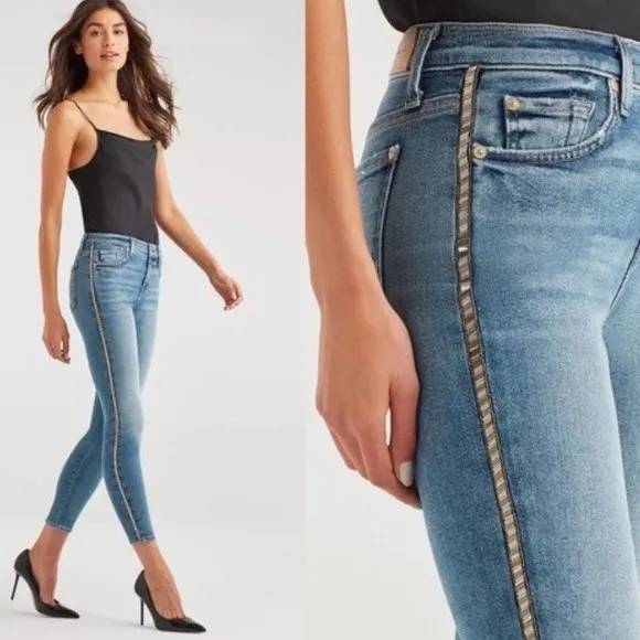 7 For All Mankind Luxe Vintage Skinny Jeans With Metallic Chevron Stripe Size 26 - Image 2
