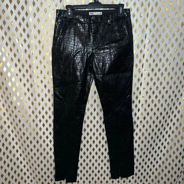 ZARA Faux Leather Trouser Pants Crocodile Embossed Front Hem Slit Black Zara all - Image 4