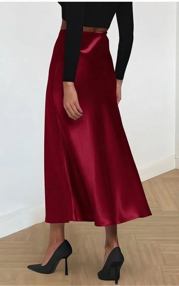 PRETTYGARDEN NEW Midi Skirt High Waisted Solid Satin Dress XL - Image 2