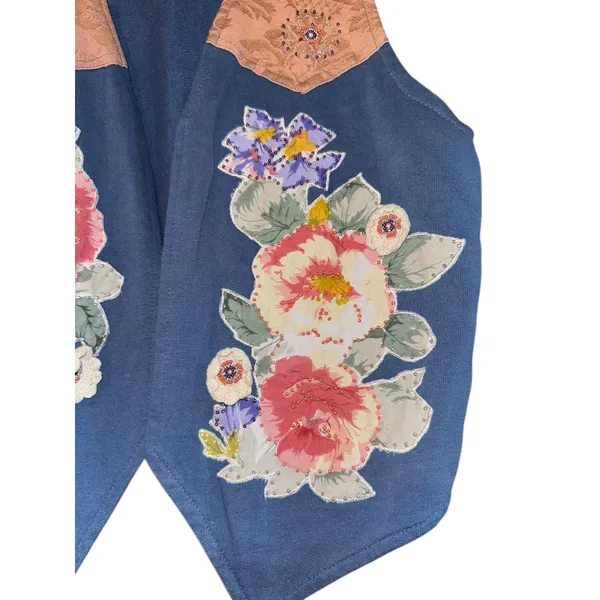 Vintage Patchwork Floral Cropped‎ Vest Women's PETITE Medium Beaded Western 80s - Image 3