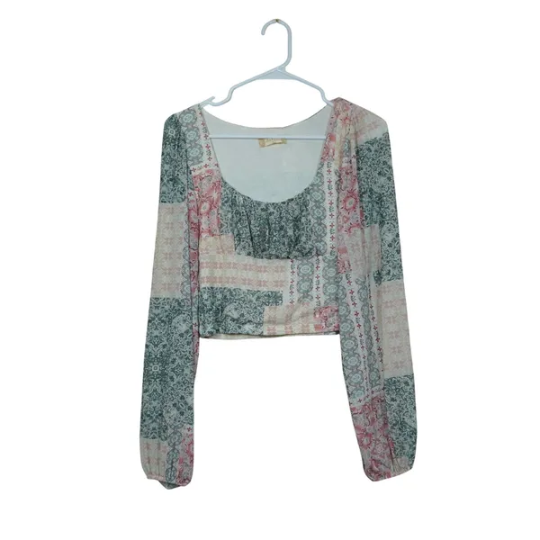 Altar'd State Patchwork Pastel Boho Crop Top Long Sleeve Blue Pink Large NWT - Image 2