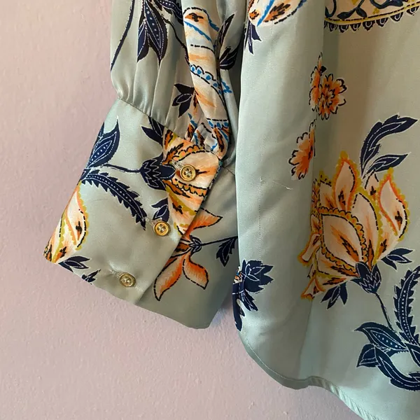 Zara Mint Green Paisley Floral Long Sleeve Button Down Shirt Boho Flowy Large - Image 7