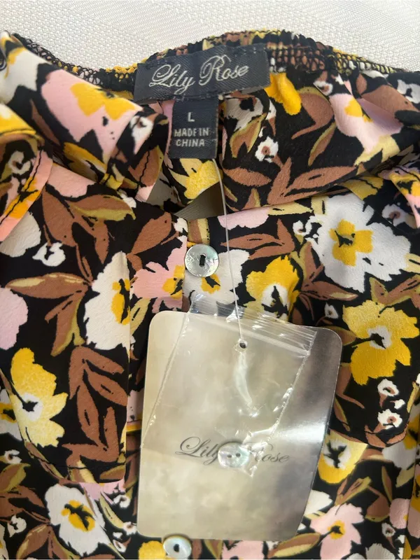 NWT Floral Ruffle-Trim Maxi Dress in Brown, Pink & Yellow, side slit, SZ Large. - Image 5