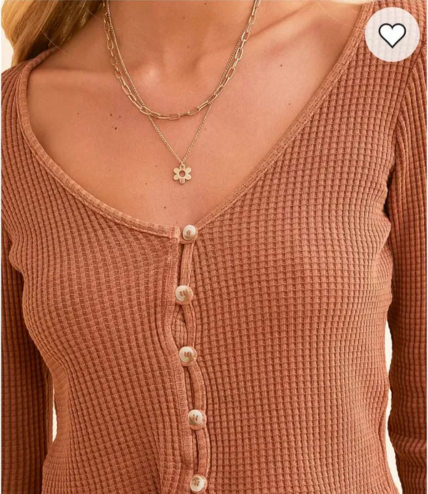 NWT Billabong Waffle Knit Henley Crop Top L Rust Terracotta Button Up Thermal - Image 2