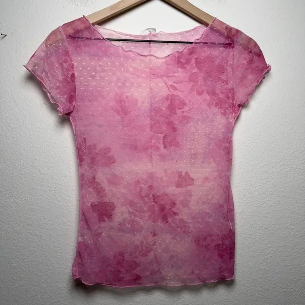 Free People Women On‎ The Dot Mesh Top Small Pink Floral Sheer Lettuce Baby Tee - Image 2