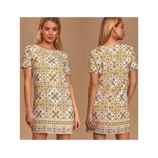 Lulu’s Dandelion Medallion Floral Shift Dress Yellow Artsy Size Small - Image 2