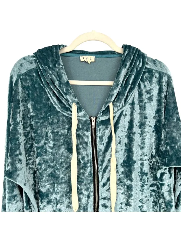 POL Crushed Velvet Zip-Up Hoodie Front Pockets Size Large Cozy Chic Loungewear - Image 2