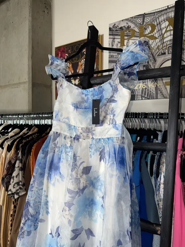 Lulus Sweet Composure Blue Floral Organza Off Shoulder Midi Dress Medium New NWT - Image 7