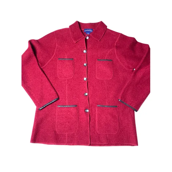 Charter Club Womens L Red 100% Wool Jacket 4 Pocket Button Front Leather Trim - Image 2