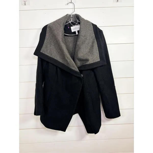 BCBGeneration Women's Wool Blend Knit Trim Trench Coat Black Gray Size Medium - Image 2