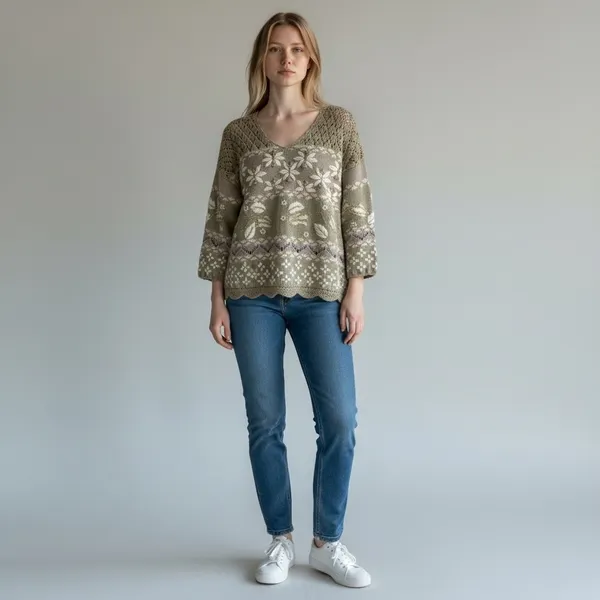 Vintage 90s Tan Floral Embroider Knit Gold poms Cottagecore Grandmacore Sweater - Image 7