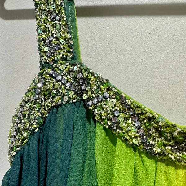 Morrell Maxie Y2K Silk Ombre Bubble Hem Beaded Dress Green Yellow Size 8 - Image 2