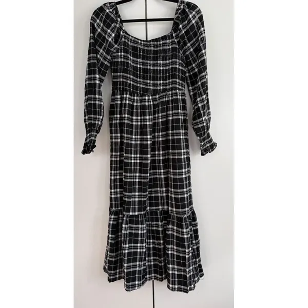Lucky Brand Black Plaid Smocked Midi Dress‎ Grunge Cottagecore Long Sleeve NWT - Image 4