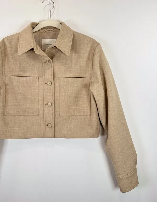Aritzia Wilfred Womens Jacket Beige Little Cropped Button Up Crepette Stretch XS - Image 7