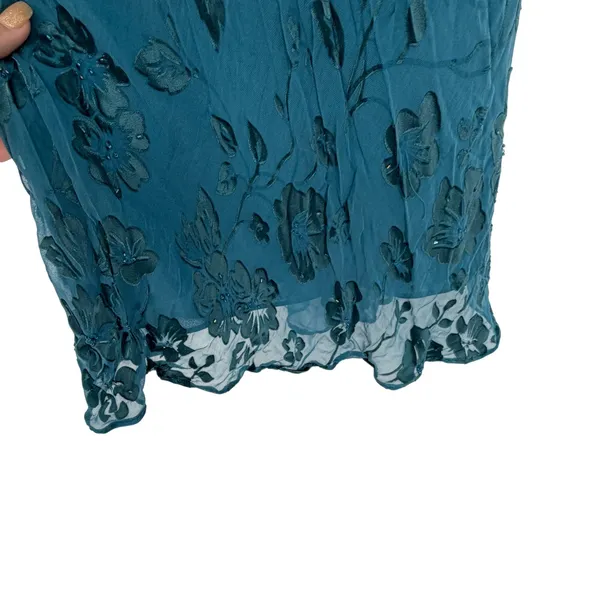 Vintage‎ Teal Floral Burnout Velvet Silk Blend Beaded Bias Cut Maxi Dress 8 - Image 7